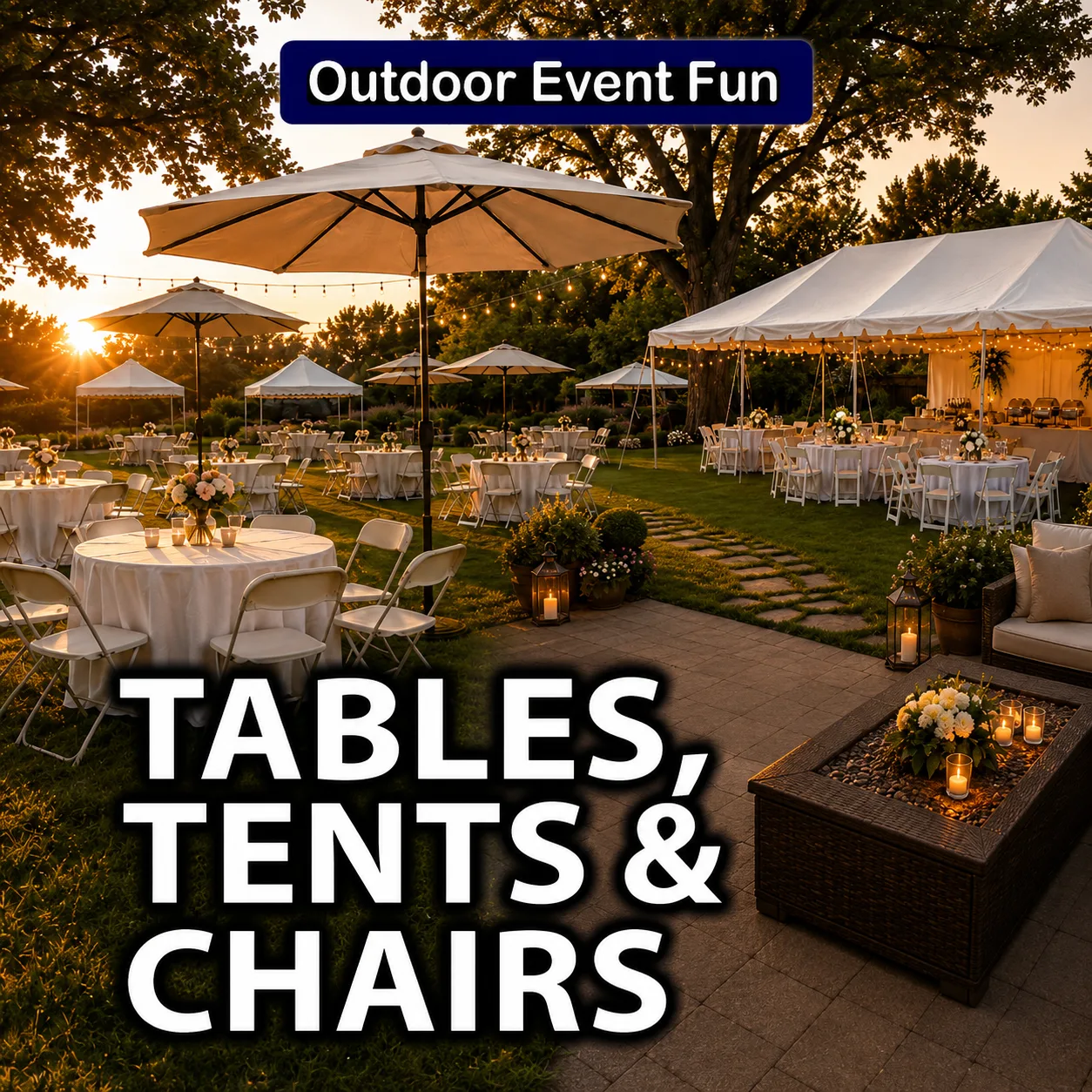 48in round table with white umbrella, stand, six white plastic chairs and round table cover rental