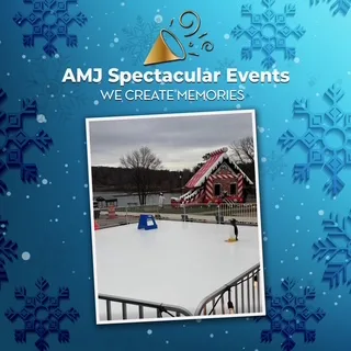 Commercial-grade iceless skating rink rental with perimeter fencing, benches, and skates for a Chicago event