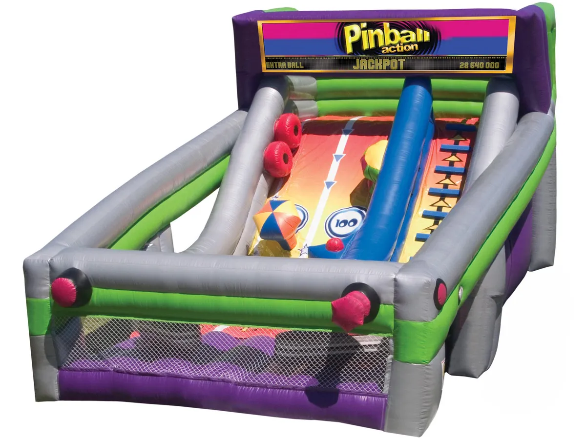 Pinball Action 18' tall inflatable slide with colorful pinball theme for Chicago event rentals