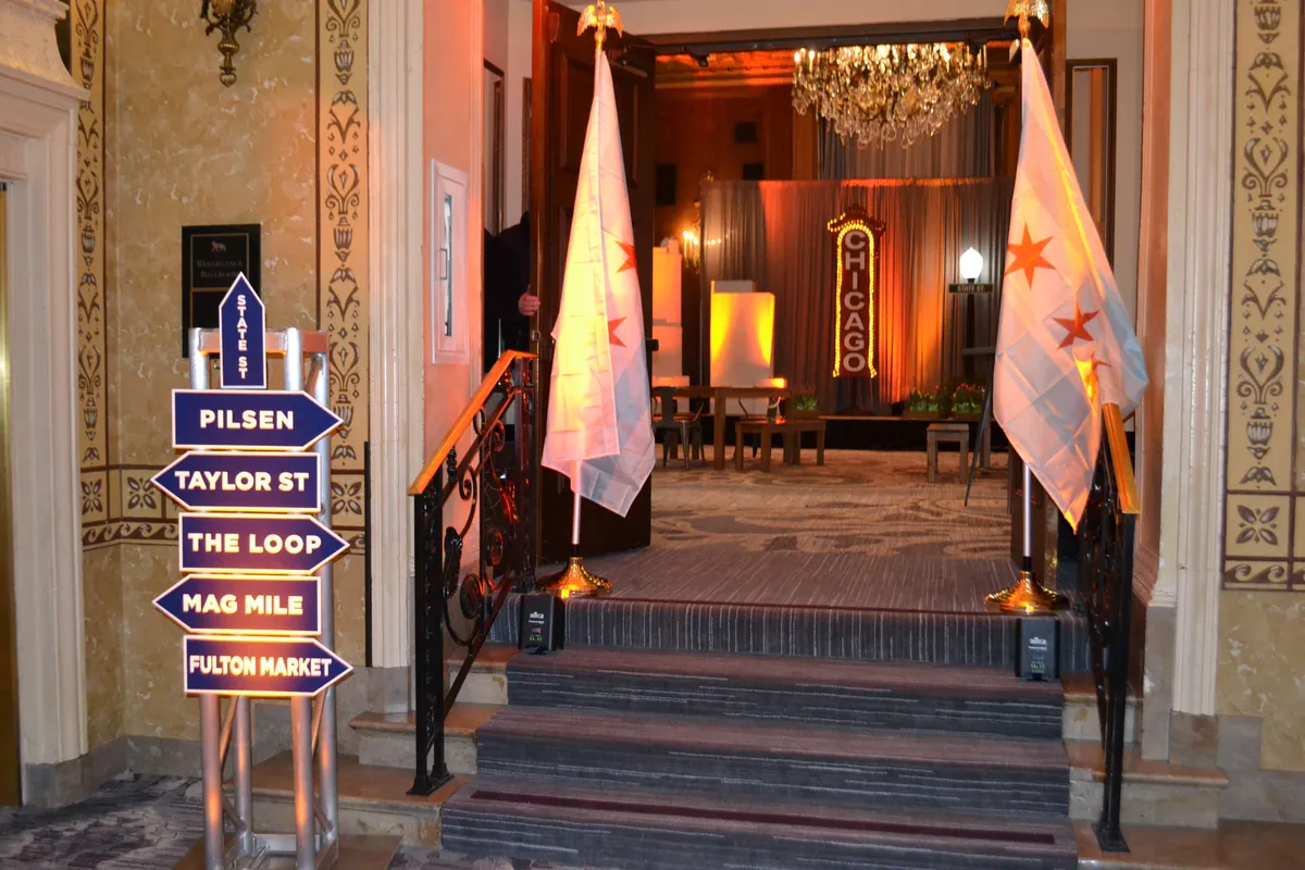 Chicago street signs and Chicago flags rental decor for Chicago-themed events