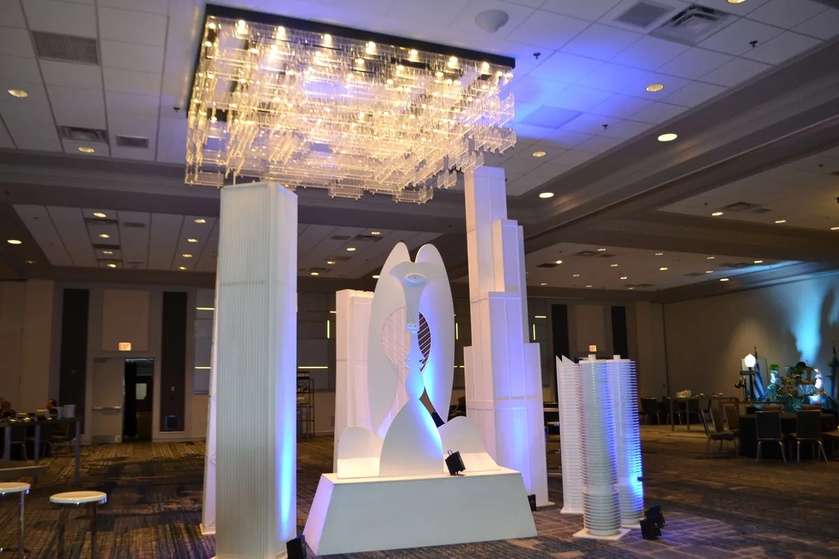 Chicago Skyline decor rental set featuring iconic Chicago skyscraper cutouts for event backdrops