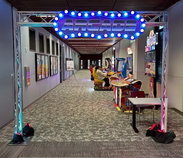 Arcade Entrance sign with trussing rental creating a bold themed entryway for a Chicago event