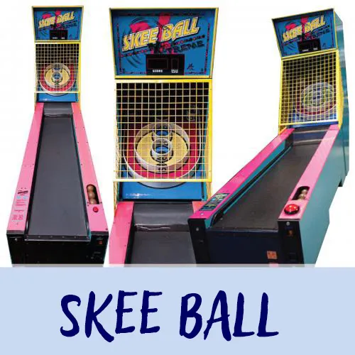 Classic wooden Skee Ball arcade game rental with inclined lane and point-value holes from AMJ Spectacular Events
