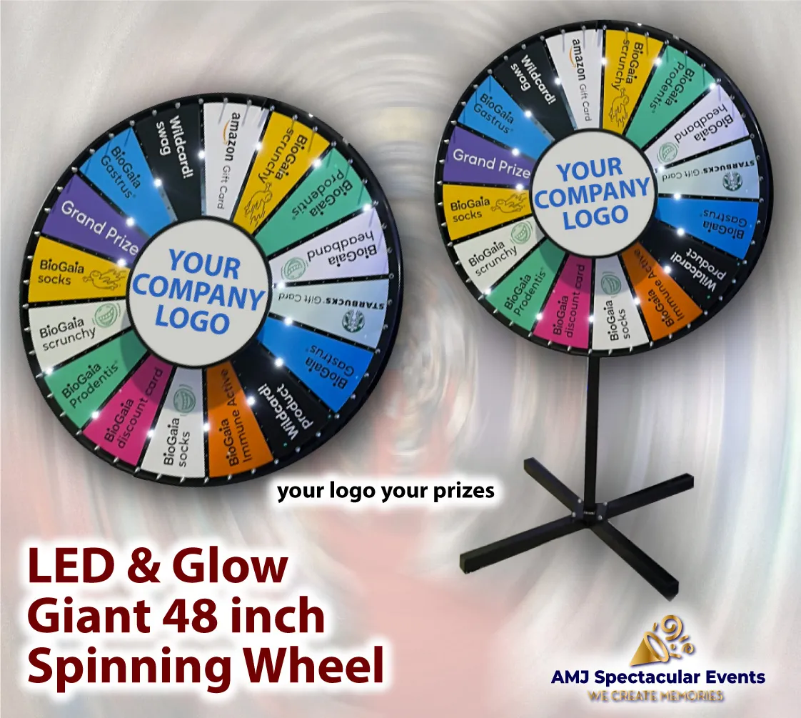 LED Prize Wheel 48" with glowing LED light patterns and custom graphics for Chicago trade shows and events