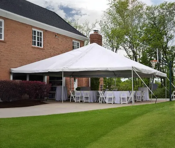 White 30'x30' frame tent rental with open pole-free interior for Chicagoland weddings and events