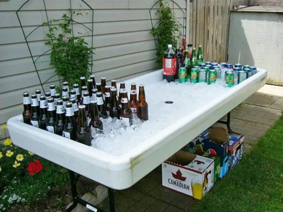 Chill & Fill Table, a 6' long table with a built-in ice trough for keeping drinks and appetizers cool