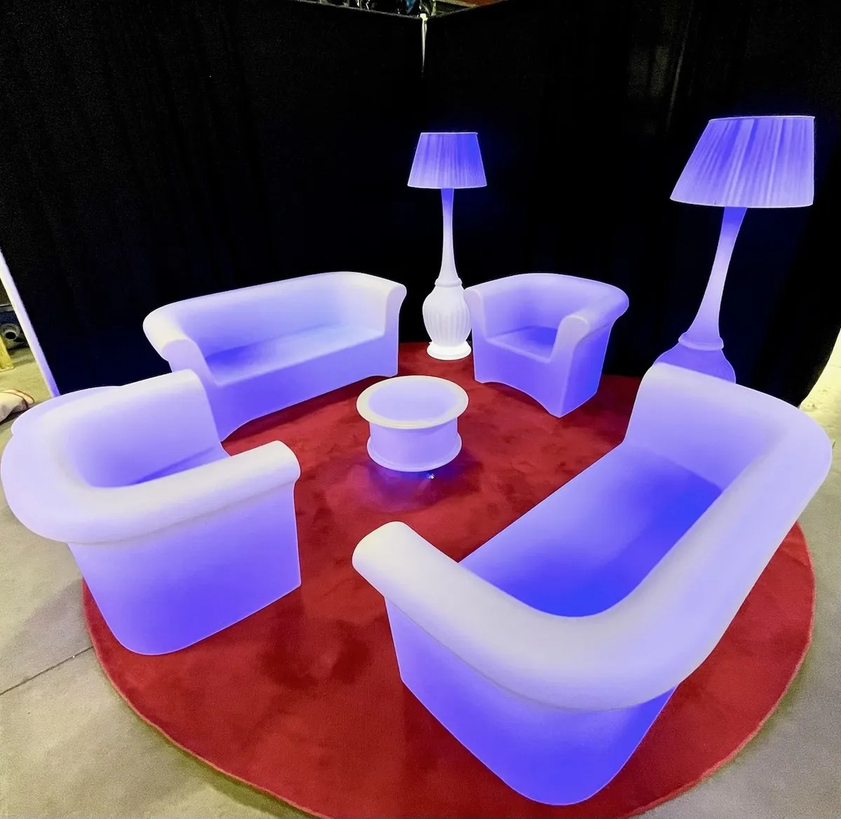 LED Couch with side chair and coffee table glowing lounge set rental for Chicago events