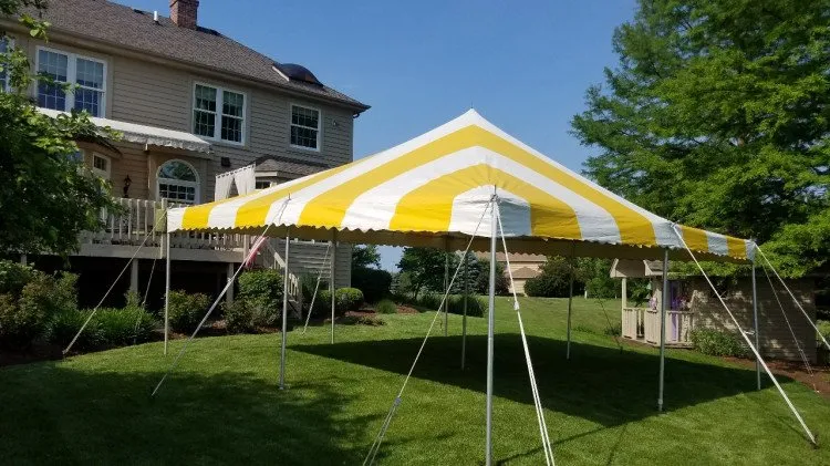 15x15 yellow and white striped canopy tent rental for outdoor Chicago events from AMJ Spectacular Events