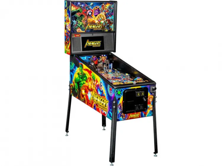 Avengers arcade pinball machine rental with superhero artwork, available from AMJ Spectacular Events in Chicago