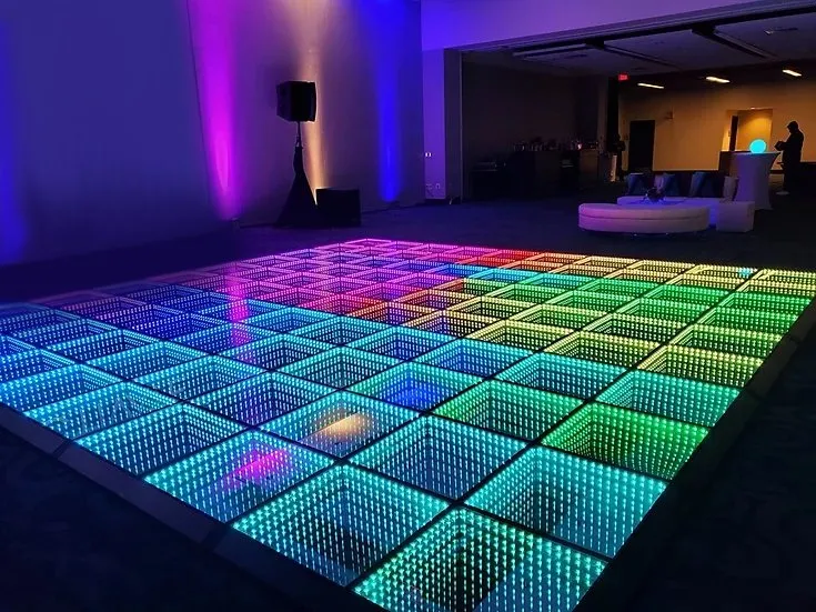 Infinity Mirror LED dance floor with colorful glowing patterns for a Chicago event rental