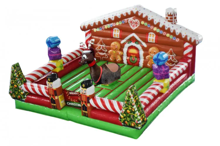 Mechanical Reindeer Ride rental with gingerbread-themed inflatable base for Chicago holiday events