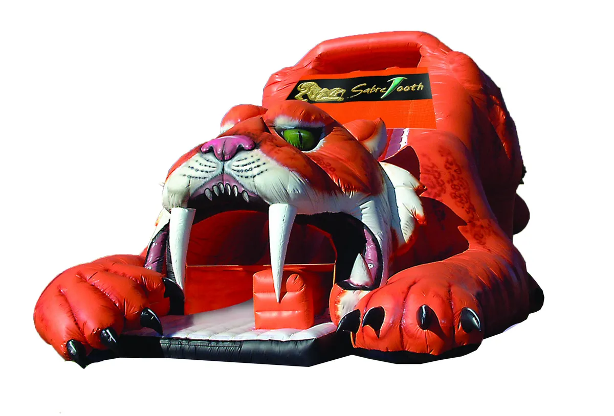 Sabre Tooth 27' single-lane Extreme Slide with bright colors for rent in Chicago from AMJ Spectacular Events