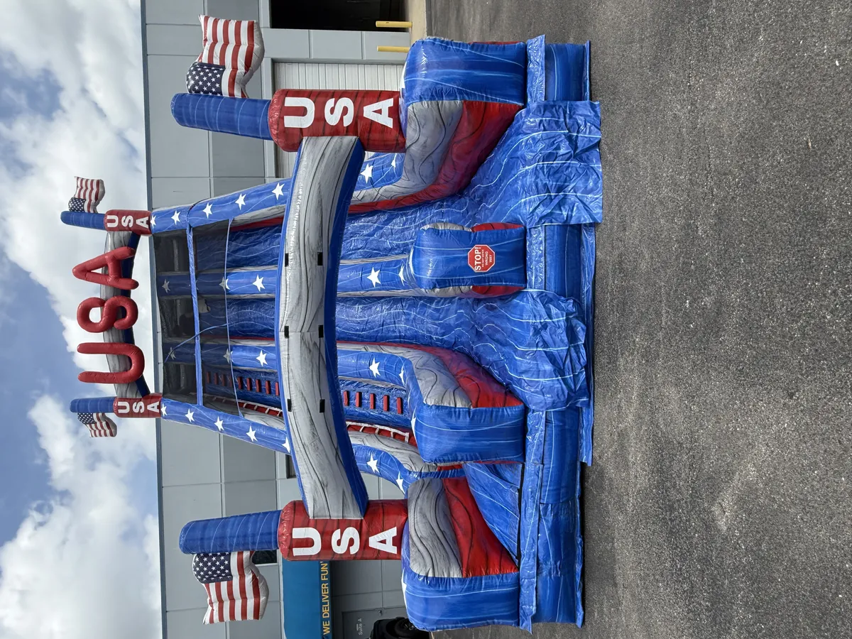 USA 27' double lane dry slide in red, white and blue for Chicago event rentals
