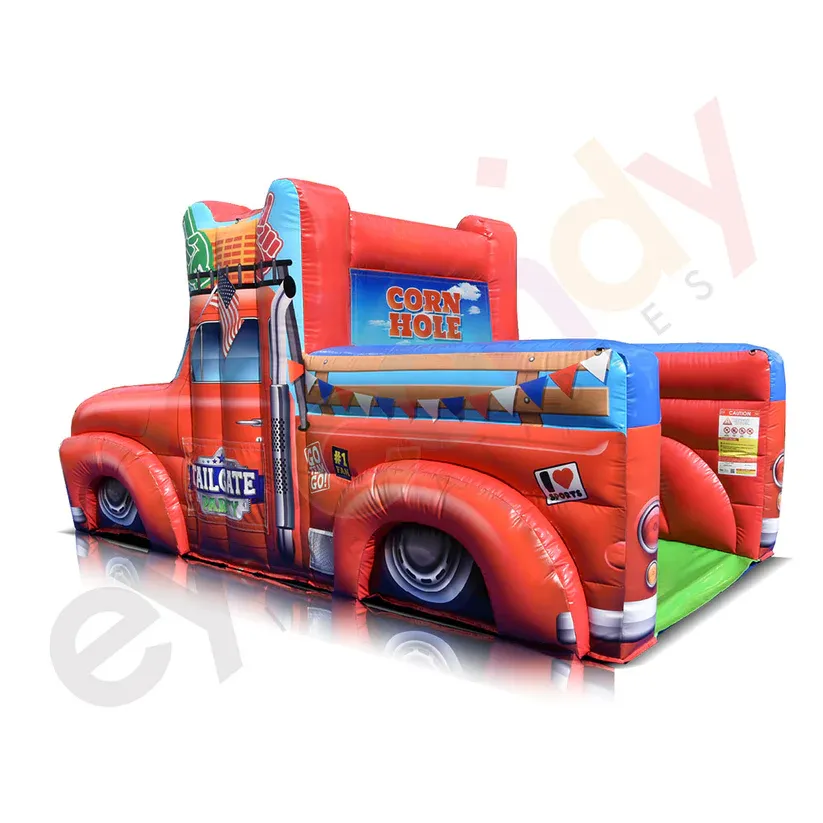 Inflatable shaped like a retro 1955 pickup truck with cup pong and cornhole tossing games