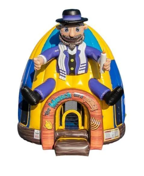 Mensch On A Bench holiday-themed bounce house rental, 23 feet tall, for Chicago holiday parties and Purim events