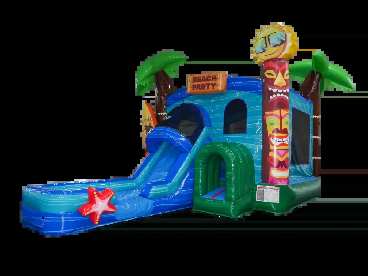 Beach Party Aloha Combo tropical bounce house with slide, 3D surfboard, sun, and Tiki graphics