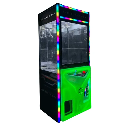 LED Crane Game Black Box claw machine glowing with color, available for rental in Chicago