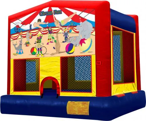 Circus Fun inflatable bounce house with flying acrobats, elephants, and dancing seals design