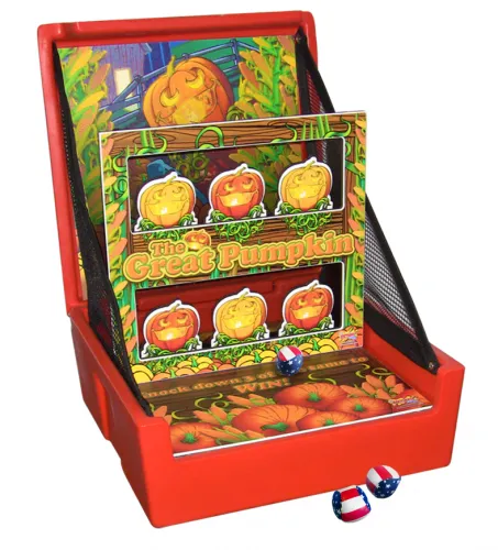 The Great Pumpkin Knock Down fall carnival bean bag toss game with jack-o-lantern pumpkins