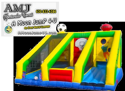 3 n 1 Sports Challenge inflatable rental with soccer, basketball, and football sections and enclosed netting