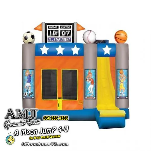 Sports Center Combo bounce house with climbing wall, slide, and basketball hoop for Chicago events