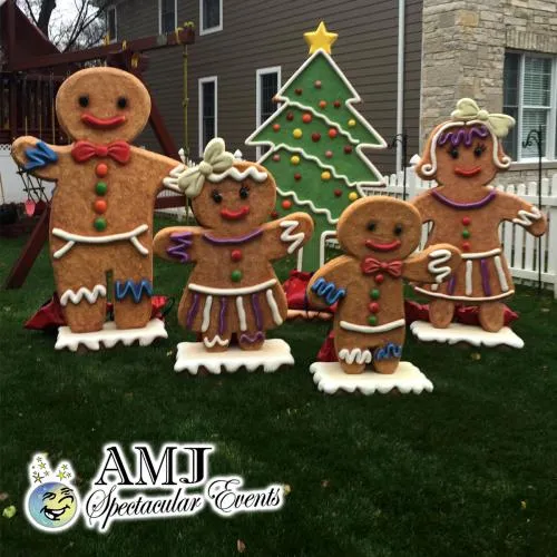 Life-size Gingerbread Men Family with Christmas Tree holiday decoration rental from AMJ in Chicago