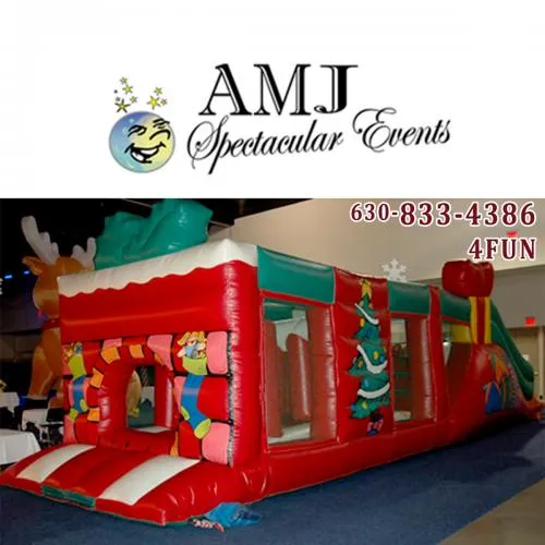 Christmas 45' double lane inflatable obstacle course rental with snow hill and slide from AMJ in Chicago