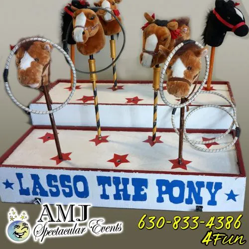 Kiddie Lasso the Pony game rental with six colorful hobby horses and lassos on a stand