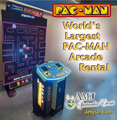 World's Largest Pac-Man giant LED arcade rental with 2-player simultaneous play showing yellow and green Pac-Man