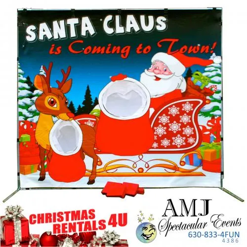 Santa Claus is Coming to Town canvas bag-toss frame game rental with Santa and Rudolph holiday scene