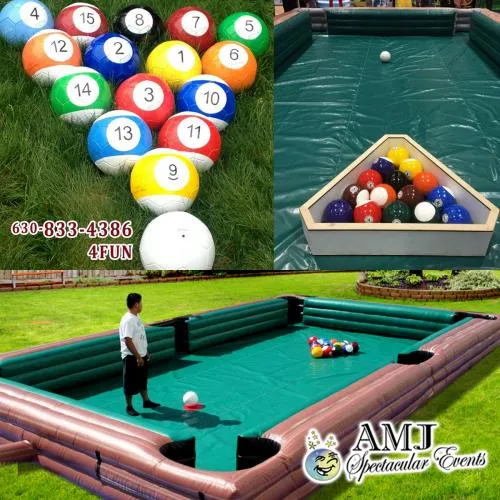 Giant Human Billiards inflatable game, 20x30 feet, with oversized pool balls and pockets for all ages