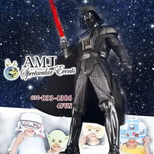 Costumed Darth Vader character entertainer available for rental at Chicago events from AMJ Spectacular Events
