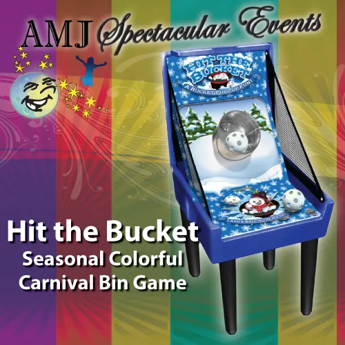 Winter Hit the Bucket snow-themed colorful carnival bin toss game rental from AMJ Spectacular Events