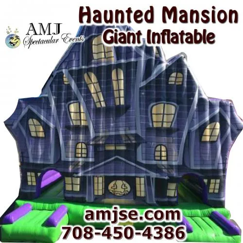 Haunted Mansion Obstacle Course inflatable rental with spooky Halloween artwork from AMJ Spectacular Events