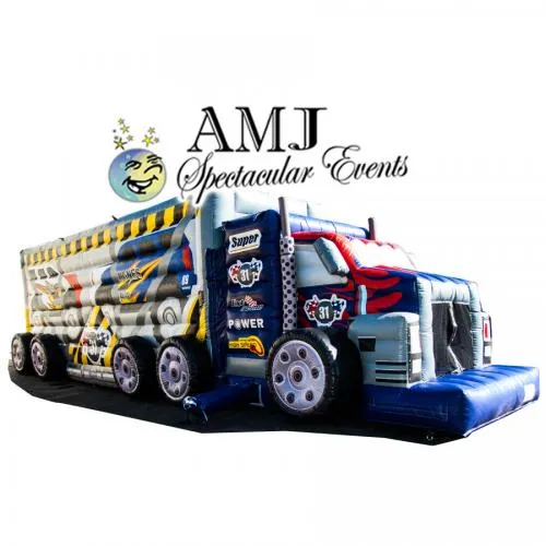 Colorful semi-truck themed Big Rig Obstacle Course rental with climbing ladder and slide from AMJ Spectacular Events