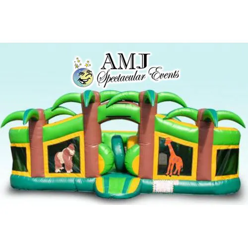 Tropical Playland inflatable with jungle animals, bounce area, climbing ladder, tunnel, and slide for kids