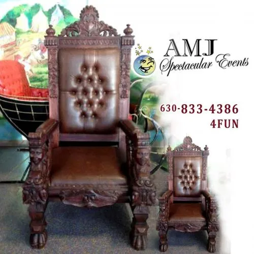 Santa's Royal Throne rental, a tall wooden and leather chair for holiday photos and parties in Chicago