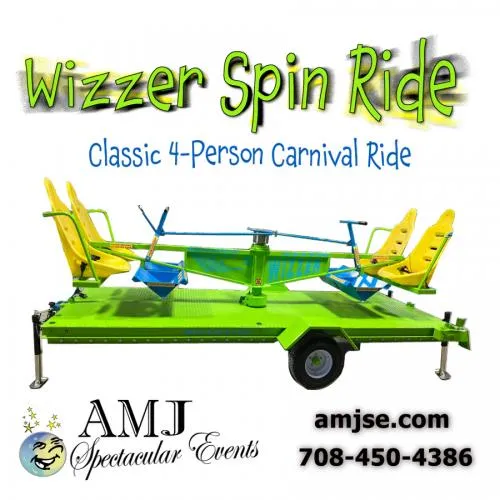 The Wizzer carnival spin ride holds 4 participants who use their own power to spin around at a Chicago event.