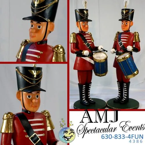 5.5-foot Wooden Drummer Boy statue in red uniform with drum, a Christmas holiday decoration rental in Chicago.