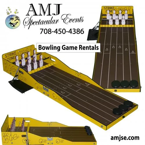 Strike Zone tabletop bowling game rental with pucks and flip-up pins from AMJ Spectacular Events