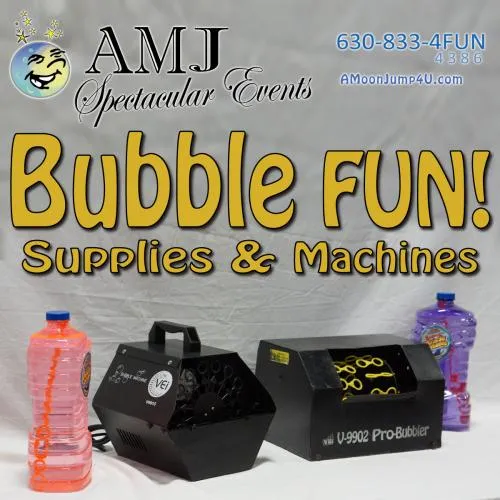 Professional bubble machine rental releasing hundreds of bubbles at a Chicago children's event