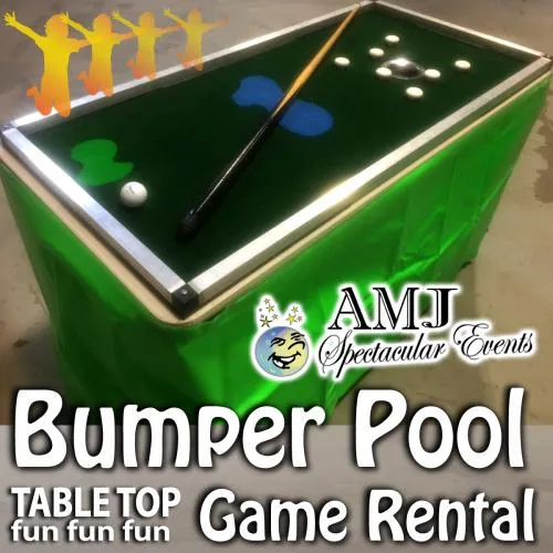 Bumper pool table game rental with cue and bumpers, available from AMJ Spectacular Events in Chicago