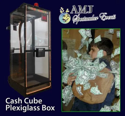 Plexiglass Cash Cube rental with cash swirling inside as a guest grabs money during a Chicago event.