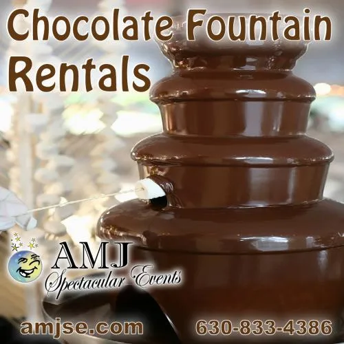 Stainless steel chocolate fountain rental with flowing chocolate for dipping treats at a Chicago event