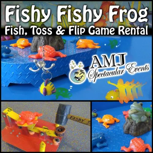 Fishy Fishy Frog Toss carnival game with fishing pole and frog launching pad onto a center island
