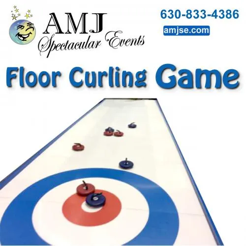 Floor Curling Game rental with plastic stones and push poles set up on a smooth floor in Chicago