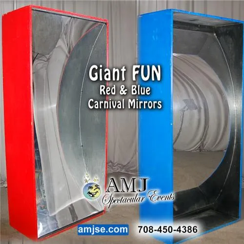AMJ giant oversized red and blue fun house carnival distortion mirrors, 6ft tall, guests laughing at reflections