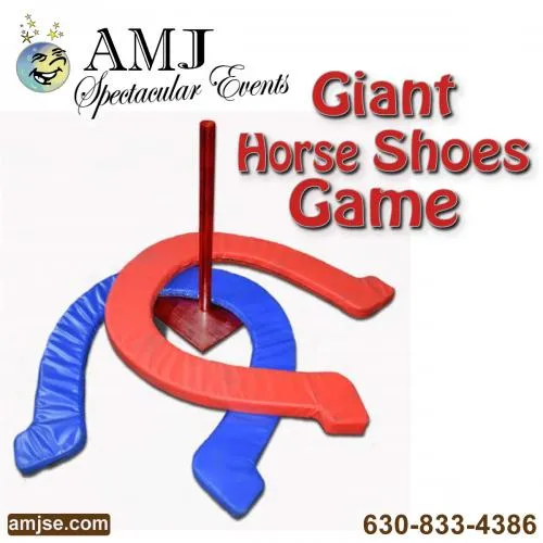 Giant Horse Shoes lawn game rental with blue and red foam horseshoes and free-standing pegs from AMJ.