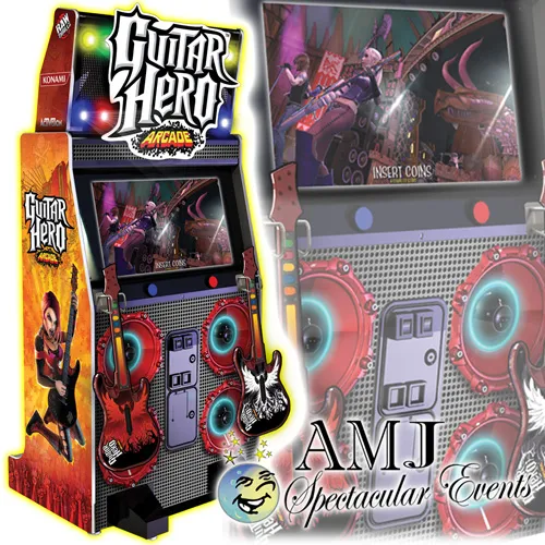Guitar Hero Arcade rental machine with 32-inch LCD screen and guitar controllers for Chicago events