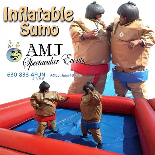 Sumo wrestling suits with foam padding and an inflatable wrestling ring for rent in Chicago